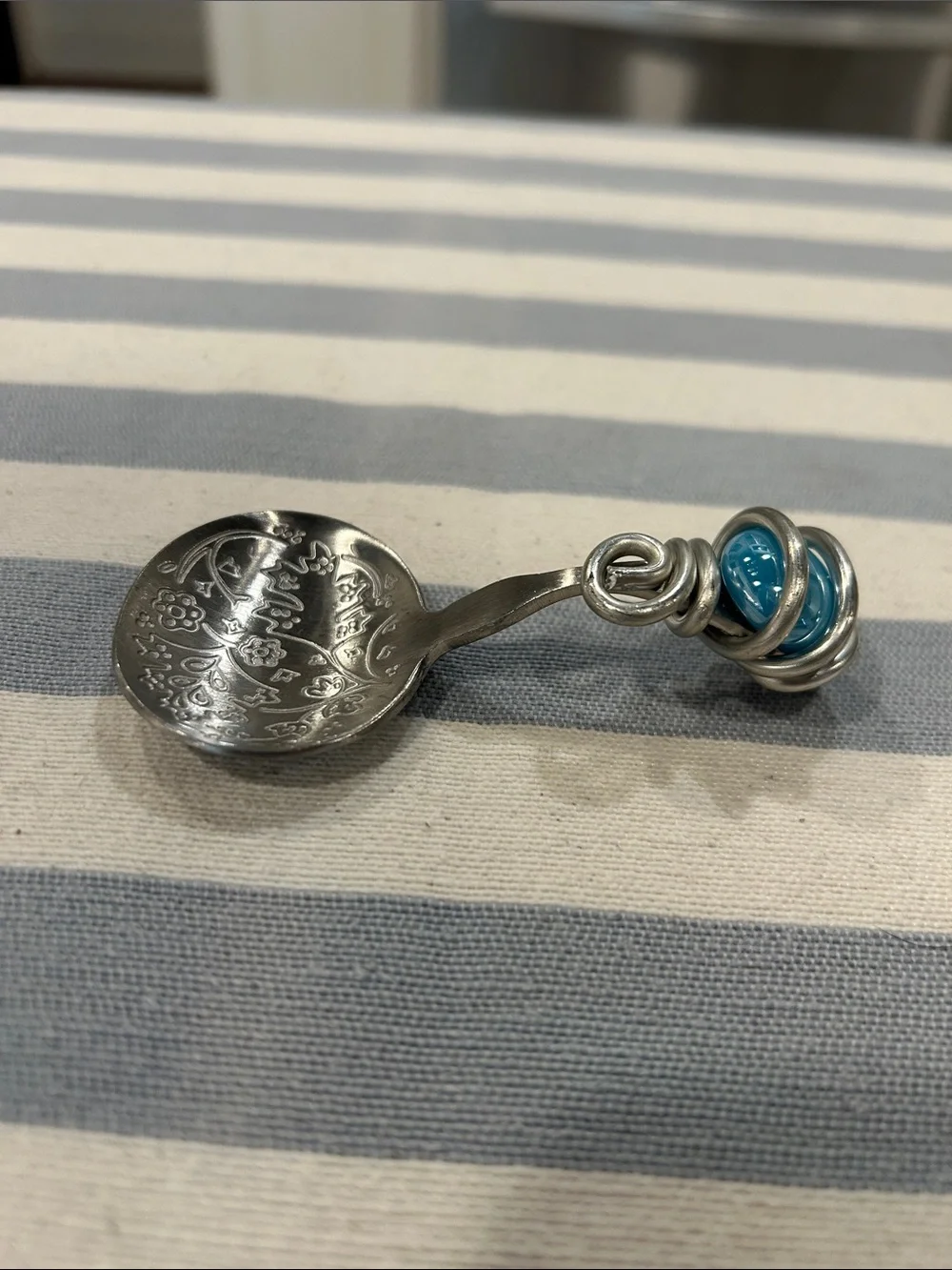 Decorative Silver-Tone Nut and Candy Spoon with Blue Accent Bead